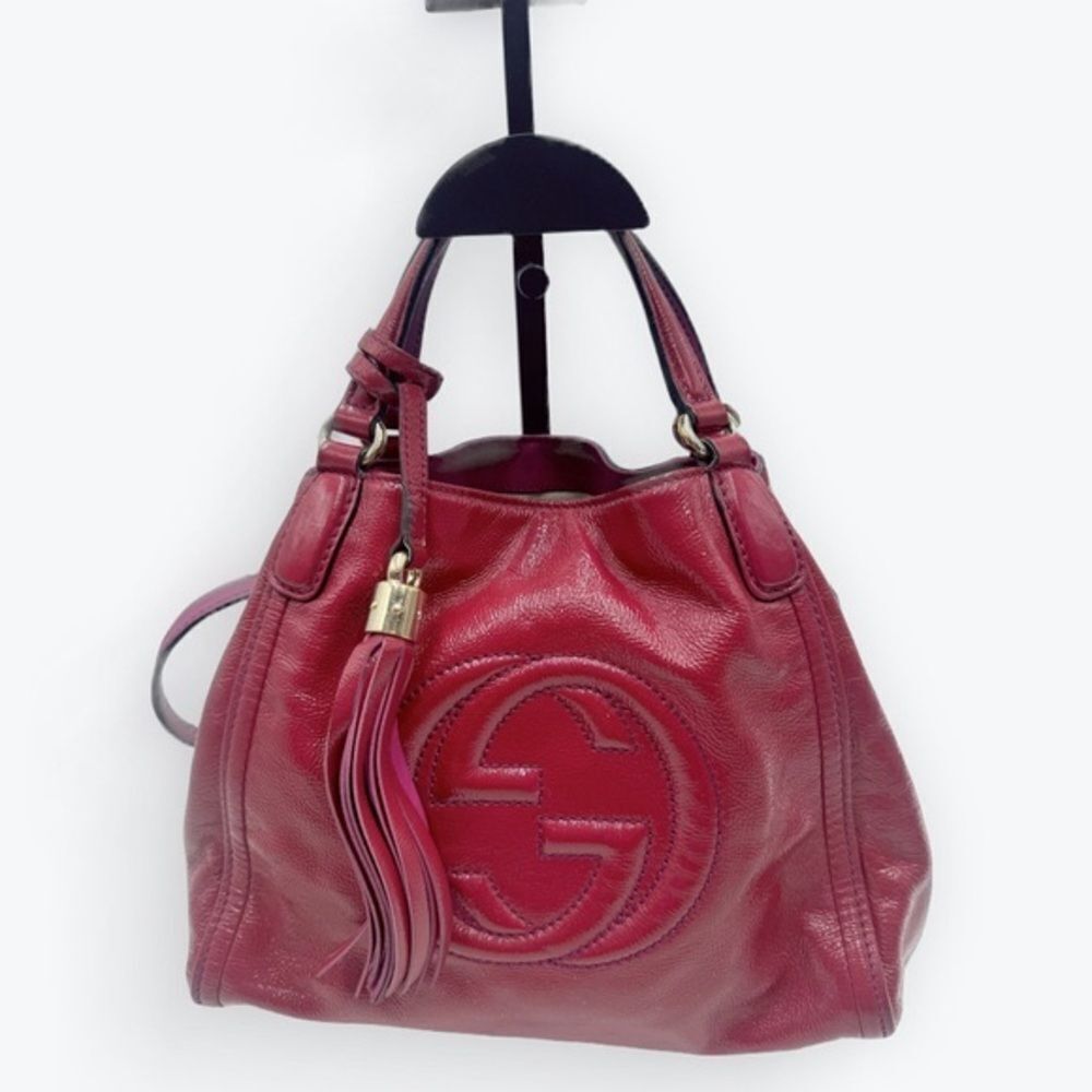 Auth Gucci SoHo Fuchsia Pink Patent Leather Small 2way Convertible Satchel